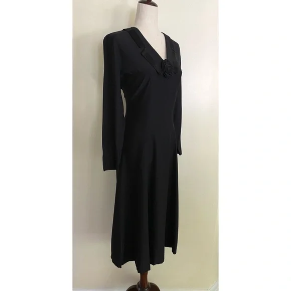 VTG 90s Wild Rose Black Midi Dress Collared V Romantic Goth Retro Victorian SZ m - Picture 4 of 6